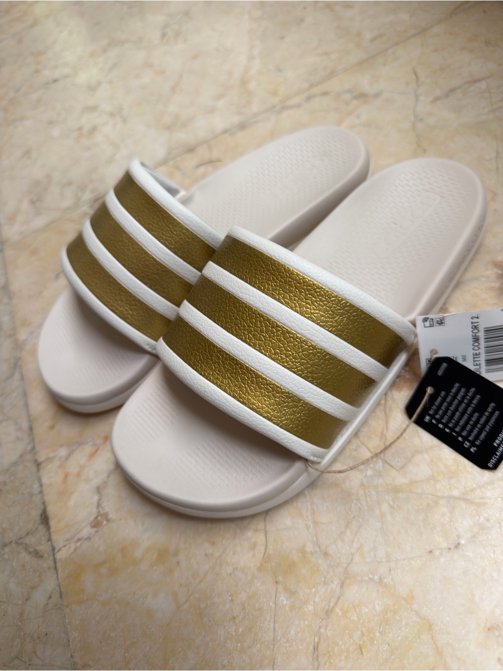 adidas White Slide Sandals with Gold Stripes